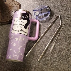 Amazon Purple Cat Design Travel Mug with Stainless Steel Straws